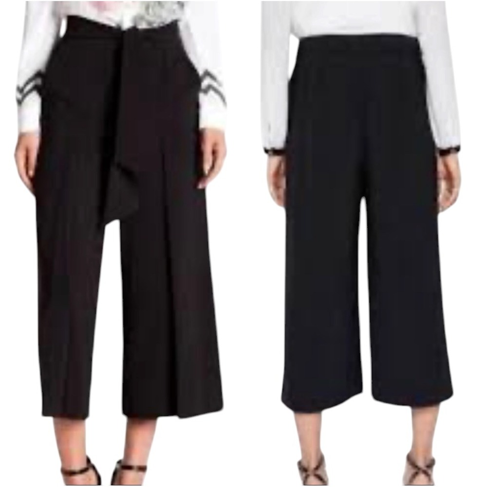Ted Baker Culottes Size 5/US 12 Black Wide Leg Cropped Tie Waist Trousers LELI